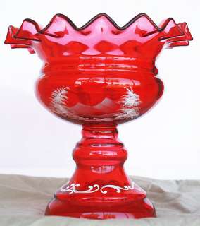 MARY GREGORY FENTON CRANBERRY RUFFLED EDGE HUGE COMPOTE  