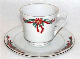 Fine China POINSETTIA & RIBBONS Cup & Saucer Set 3  