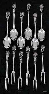 12 Pc. 800 Silver Cocktail Spoons & Forks Rose Design  