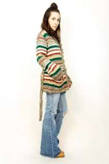 Vtg 70s Multi Colored SPACE DYED Stripe Boho Toggle POCKET Sweater 