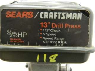 Crafstman  13 Drill Press 2/3HP Motor 10 x 10 500 3100RPM 