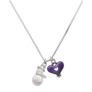    Pearl Snowman and Translucent Purple Heart Charm Necklace Jewelry