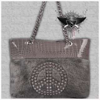 P079 Gothic Faux Leather&Fur Chains Women Modern Handbag Tote Bag 