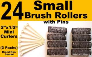 24 BRUSH ROLLERS & PINS Small Mini Tiny Hair Curlers Bristles 2 x 1/2 