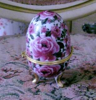 New PINK ROSES Porcelain EGG SHAPE Trinket Box w Clasp  
