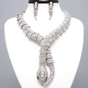 Chunky Silver Snake Crystal Statement Bib Necklace Earrings Set 