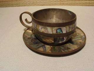 Early Vintage Mexican Abalone Brass Mixed Demitasse Tea Cup & Saucer 