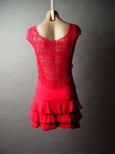 RED Crochet Tiered Ruffle Drop Waist Tunic Mini Dress S  