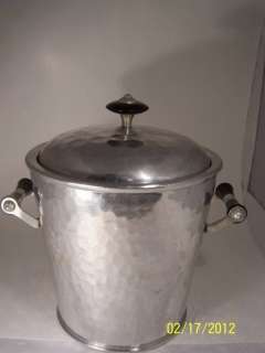   art deco hammered aluminum ice bucket made spain. w/lid. blk handles