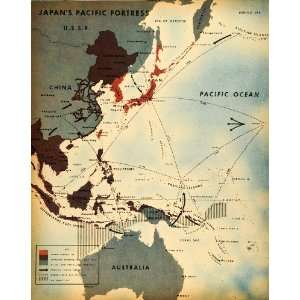 1943 Print Map Japan Pacific Fortress Australia China Asia Ocean 