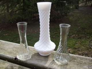 Vintage Quilted Milk Glass Vase, & 2 Short Hoosier Clear Vases  