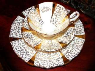 Queen Anne HVY GOLD LACE CHINTZ Tea Cup and Saucer Trio  