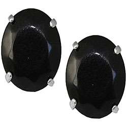 10k White Gold Basket set Oval cut Black Onyx Stud Earrings 