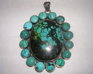 LARGE Sterling Silver Blue TURQUOISE Gemstone Cluster Necklace Pendant 
