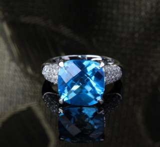   52ct Blue Topaz 14K White Gold Pave .54ct SI/H Diamond Engagement Ring
