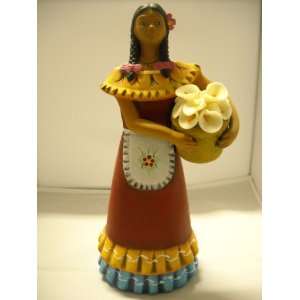  Mexican Lady Holding Calla Lily Pottery Statue New 