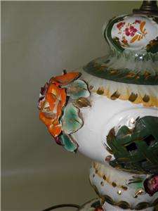Antique Capodimonte Painted Floral Roses Pierced Lamps  