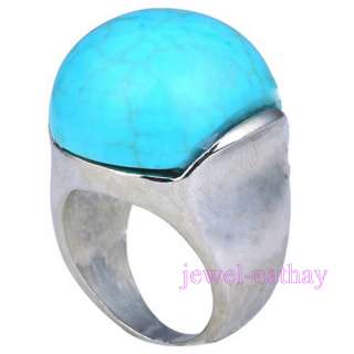 22x10mm Round Turquoise Bead Silver Plated Ring Sz 6.5  