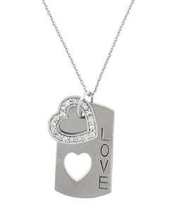   Stonez Silver Cubic Zirconia Heart Dog Tag Necklace  