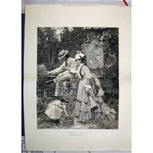   1875 Evening Hours Girl Family Fishing Tiddler Print