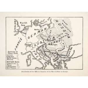  1910 Print Map Slavonic Race Europe Germany Baltic Austria 
