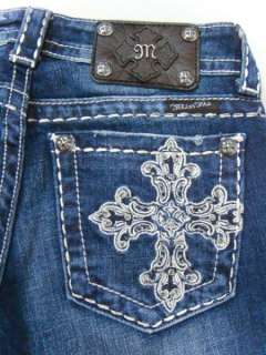 MISS ME Crystals Silver Big Pick Stitch Dark Blue Jeans  