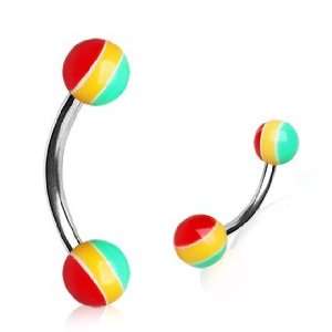  Surgical Steel Curved Barbell with UV Rasta Balls   14g (1.6mm), 1 