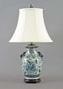 REPRODUCTION BLUE AND WHITE PORCELAIN LAMP W/ BIRDS  