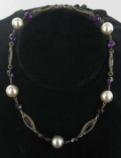 ANTIQUE 20S FAUX AMETHYST PEARLS CHOKER NECKLACE SWEET 13.25  