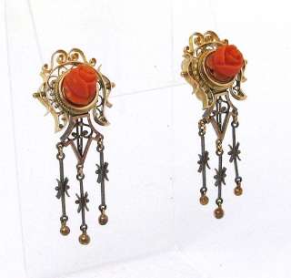 VICTORIAN 14K GOLD & HAND CARVED CORAL EARRINGS PIN SET  