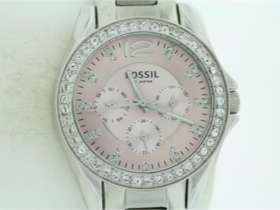   Fossil Stainless Steel Pink Dial Crystal Bezel Accent Watch  