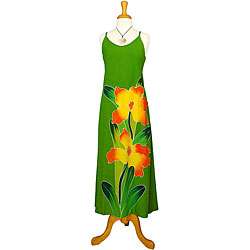 Hand painted Orchid print Long Green Dress (Indonesia)  