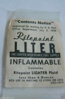 VINTAGE RITEPOINT LITER LIGHTER CONTENTS NOTICE 1948  