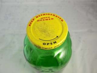 Vintage Juice Water Green Glass Bottle Yellow Metal Lid 32 Oz Shows 
