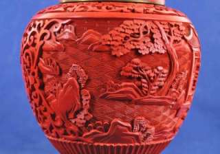Pair Of Chinese Carved Cinnabar Ginger Jar With Wooden Stands  