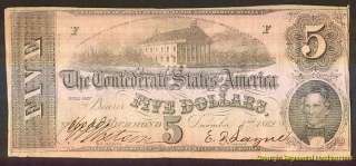 CIVIL WAR CONFEDERATE STATES OF AMERICA 1862 FIVE DOLLAR NOTE  