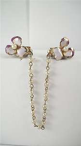 Pair of Enameled Pansies Sweater Clip w Pearl Stationed Chain  