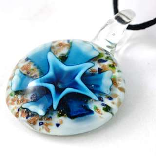   Murano Lampwork Glass Blue Round Flower Pendant Chain Necklace  