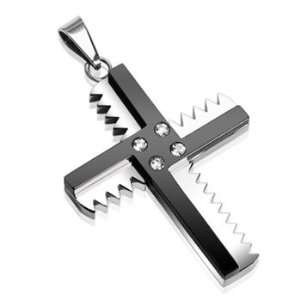   316L Stainless Steel Pendant Chainsaw Cross with 4 CZ Jewelry
