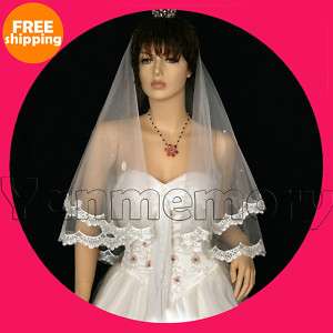Tier Ivory Wedding Bridal Veil Lace Edge Waist Length  