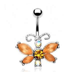 Topaz Color Gem Butterfly Belly Button Navel Ring with Surgical Steel 