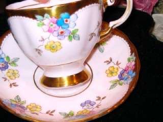 TUSCAN HAND PAINTED ENAMEL PINK GOLD Tea Cup and Saucer FLORAL  
