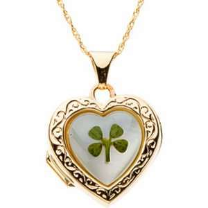 14K Gold Four leaf clover Mother of Pearl Heart Shaped Locket with 14k 