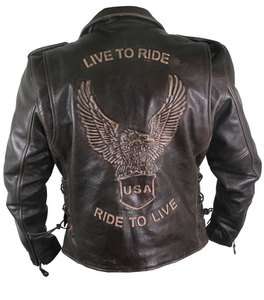   Distressed Retro Brown Embossed Eagle Leather Motorcycle Jacket  