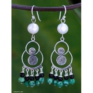    Pearl and malachite chandelier earrings, Filigree Falls Jewelry