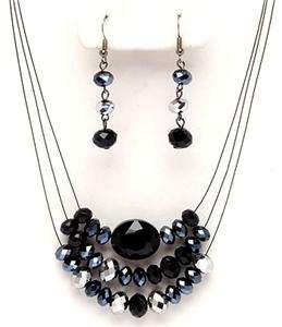   LAYERS BLACK SILVER GLASS FACETED CRYSTAL BEAD NECKLACE EARRING  