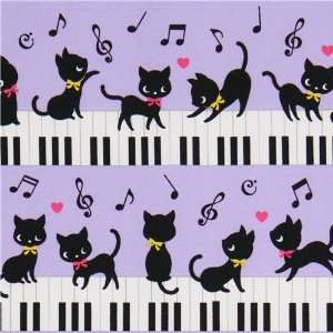 purple kawaii fabric black kitty piano Japan (Sold in multiples of 0.5 