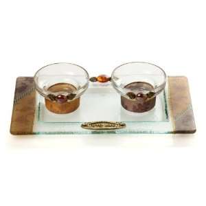  Short Glass Shabbat Candlesticks with Brown Leaves and 