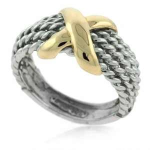   Solid 14K Gold and Silver Two Tone X & Cable Design Ring Jewelry