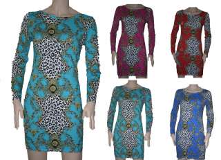 NEW WOMEN LONG SLEEVE COLORED LEOPARD MIX PRINT TUNIC JERSEY BODYCON 